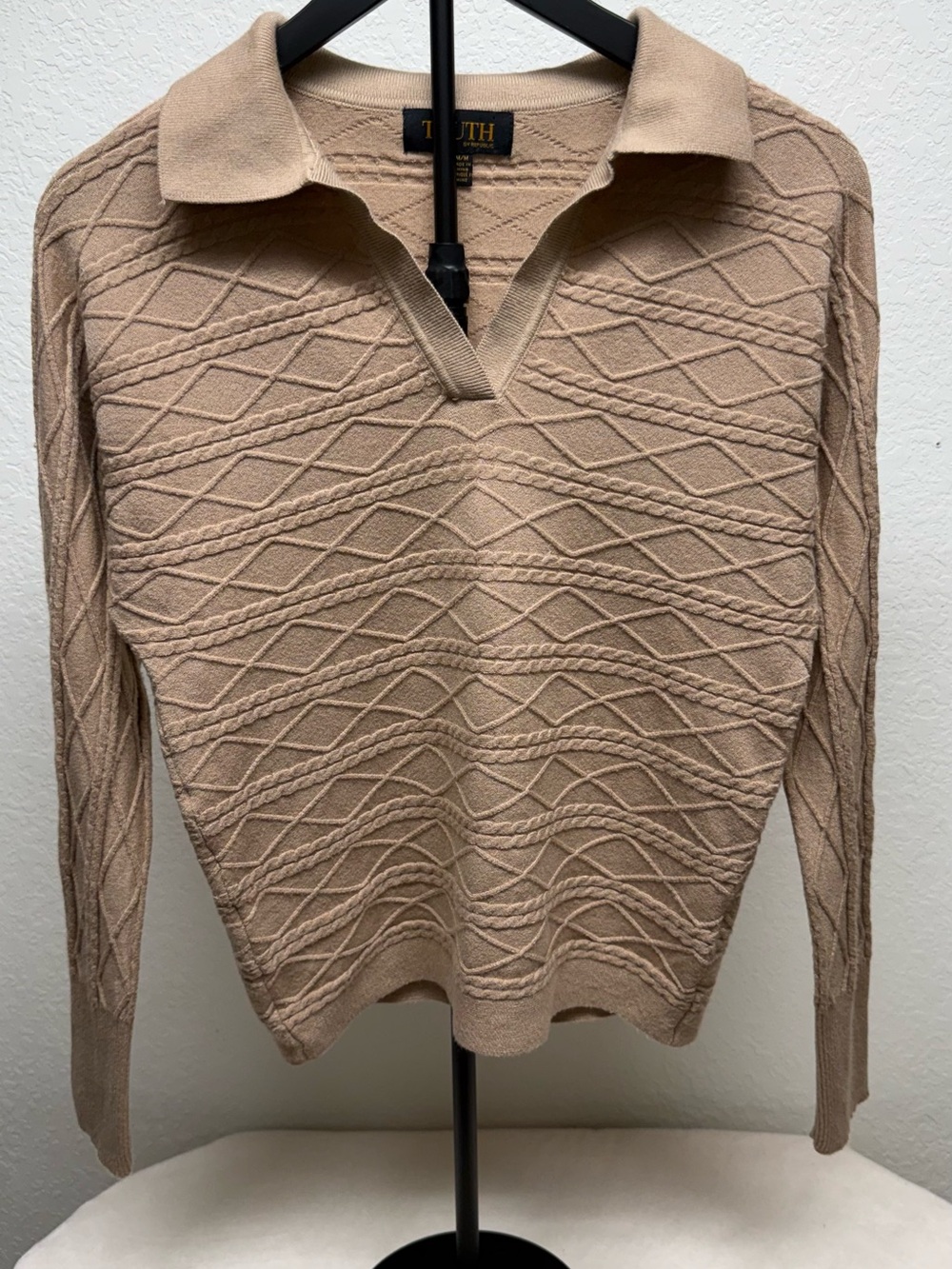 Truth Beige Cable-Knit V‑Neck Polo Sweater